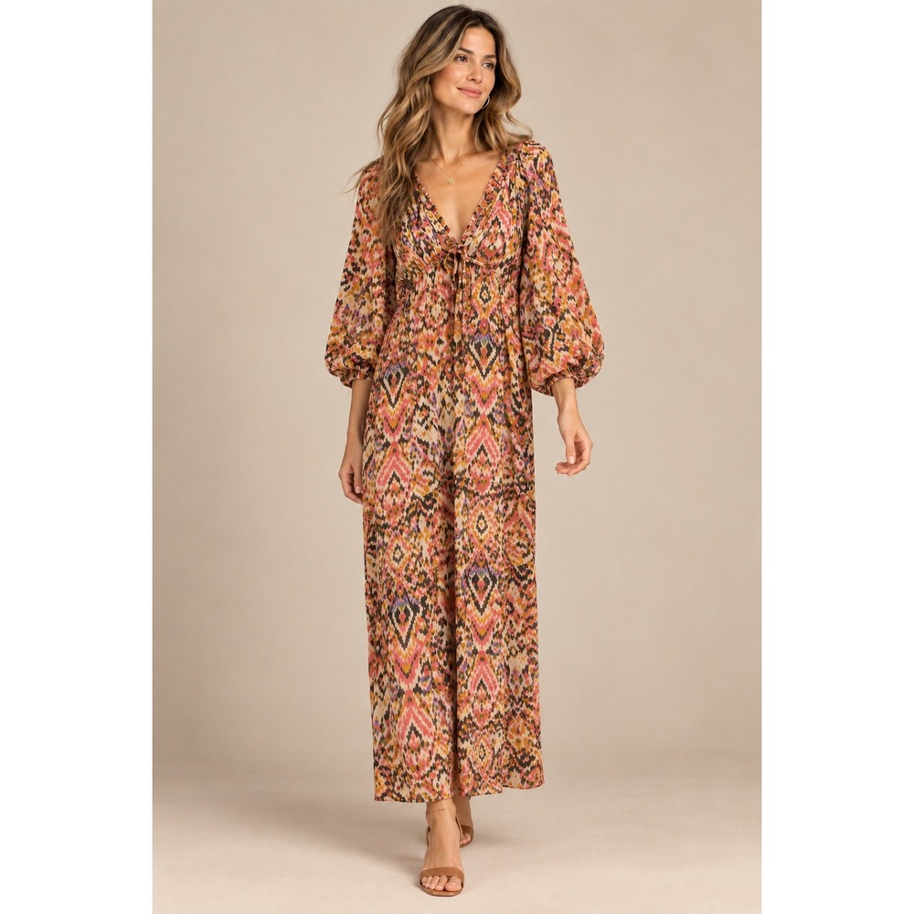 Zara Womens Midi Dress Medium Multicolor Ikat Print Linen Blend Puff Sleeve